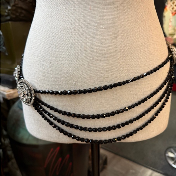 St. John Black Beads Multi-Strand Chain Belt with Decorative Buckle